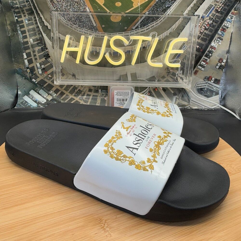 A**holes Live Forever Black/White Slides Men’s Sz 8